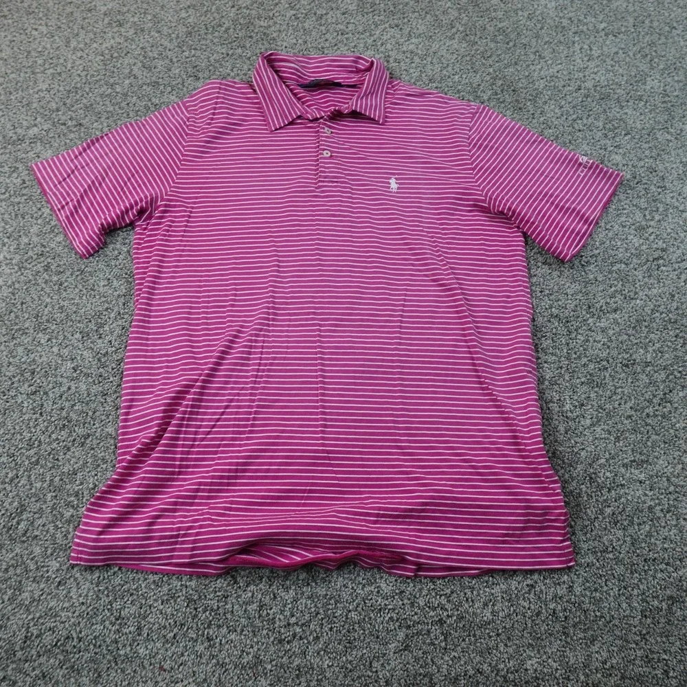 VTG Ralph Lauren Polo Shirt Mens L Pink White Stripe Pima Cotton Pony Logo Top